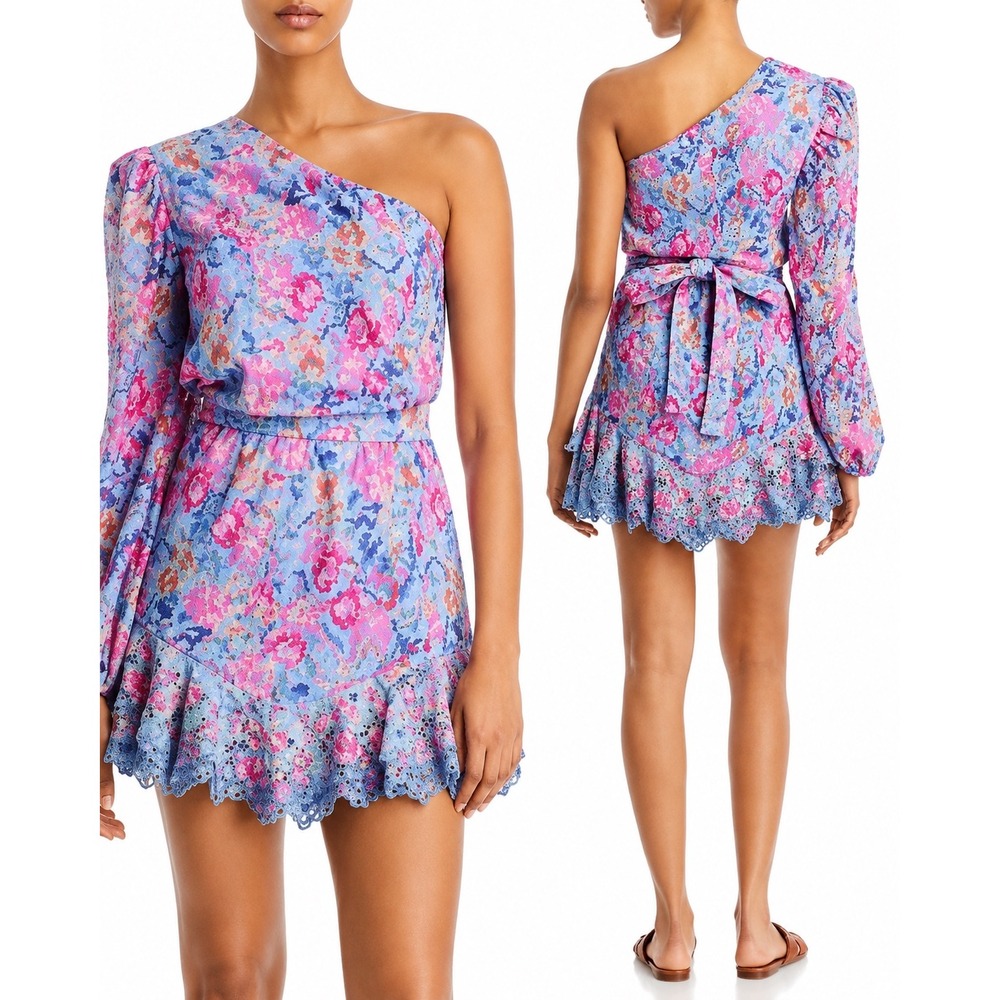 Hemant & Nandita XS One Shoulder Embroidered Eyelet Mini Dress Floral Boho
